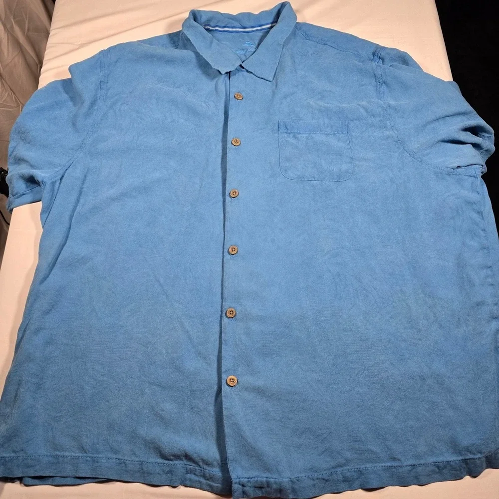 Tommy Bahama Mens Blue 100% Silk Floral Short Sleeve Camp Shirt Size 2XL